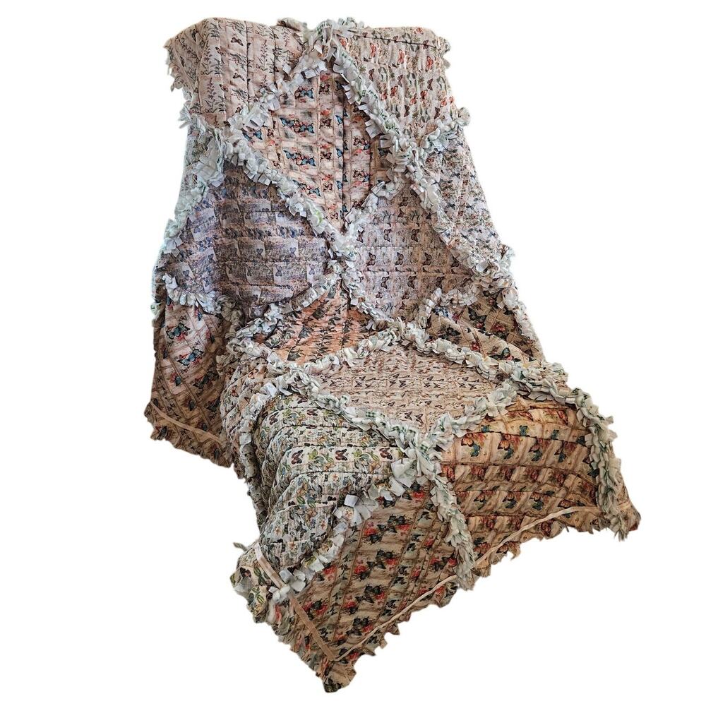 Just Made Reversible Handmade Rag Quilt 54"x44" Butterflies & Foliage
